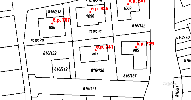 Chýně 741 na parcele st. 967 v KÚ Chýně, Katastrální mapa