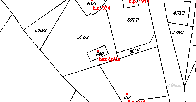 Kamenice 91337640 na parcele st. 849 v KÚ Štiřín, Katastrální mapa