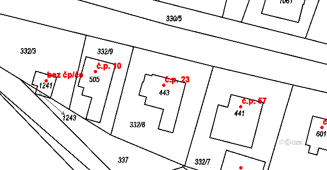 Rajnochovice 23 na parcele st. 443 v KÚ Rajnochovice, Katastrální mapa