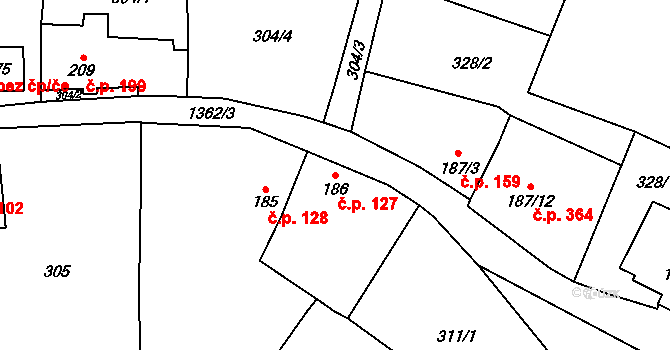 Vranov nad Dyjí 127 na parcele st. 186 v KÚ Vranov nad Dyjí, Katastrální mapa