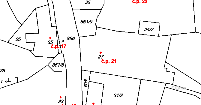 Lazníčky 21 na parcele st. 27 v KÚ Lazníčky, Katastrální mapa