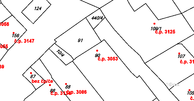 Mělník 3053 na parcele st. 90 v KÚ Vehlovice, Katastrální mapa