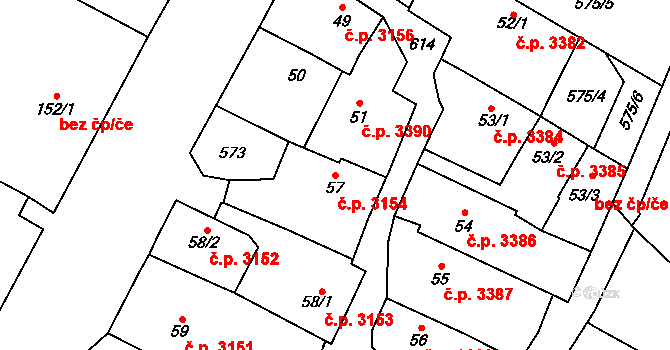 Jihlava 3154 na parcele st. 57 v KÚ Bedřichov u Jihlavy, Katastrální mapa