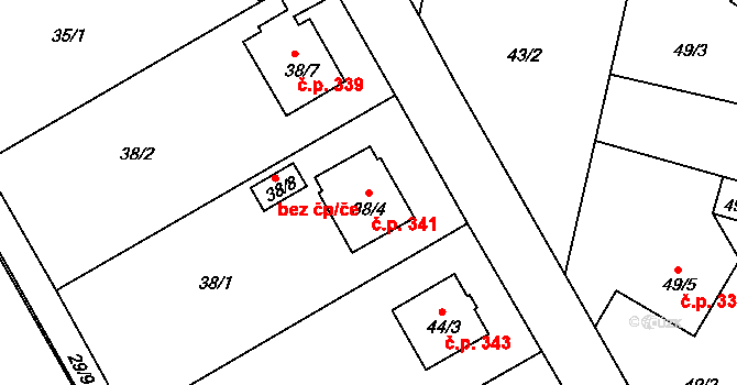 Lyžbice 341, Třinec na parcele st. 38/4 v KÚ Lyžbice, Katastrální mapa