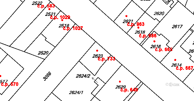 Čelákovice 733 na parcele st. 2623 v KÚ Čelákovice, Katastrální mapa