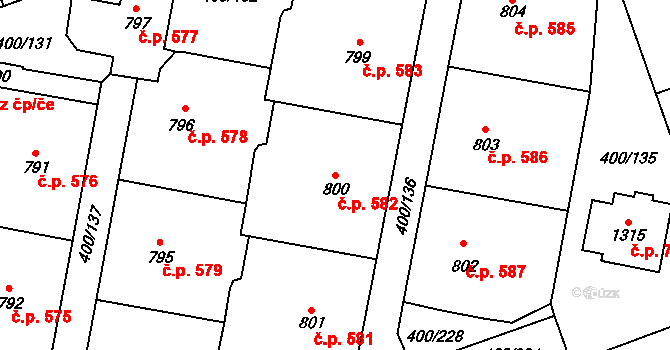 Horoměřice 582 na parcele st. 800 v KÚ Horoměřice, Katastrální mapa