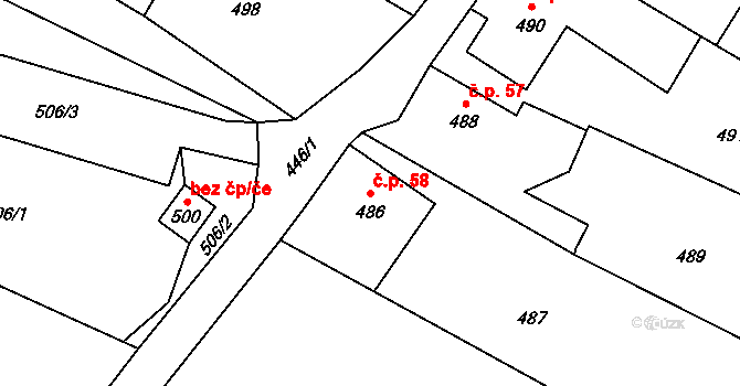 Vrbno pod Pradědem 58 na parcele st. 486 v KÚ Vrbno pod Pradědem, Katastrální mapa