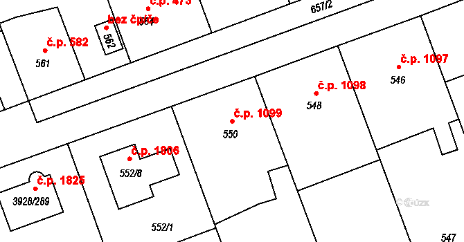 Úvaly 1099 na parcele st. 550 v KÚ Úvaly u Prahy, Katastrální mapa