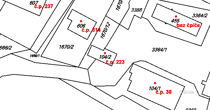 Písek 223 na parcele st. 104/2 v KÚ Písek u Jablunkova, Katastrální mapa