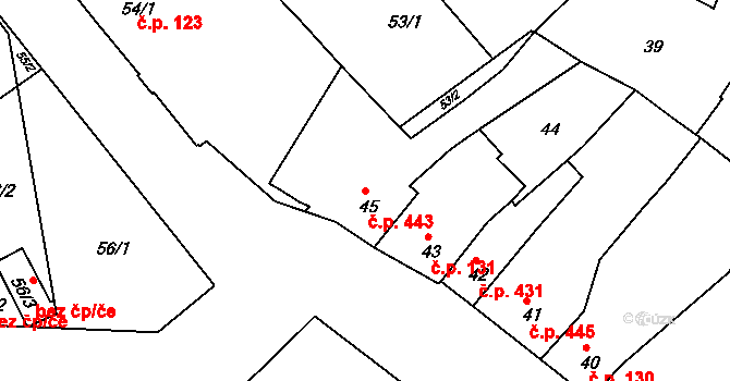 Hulín 443 na parcele st. 45 v KÚ Hulín, Katastrální mapa