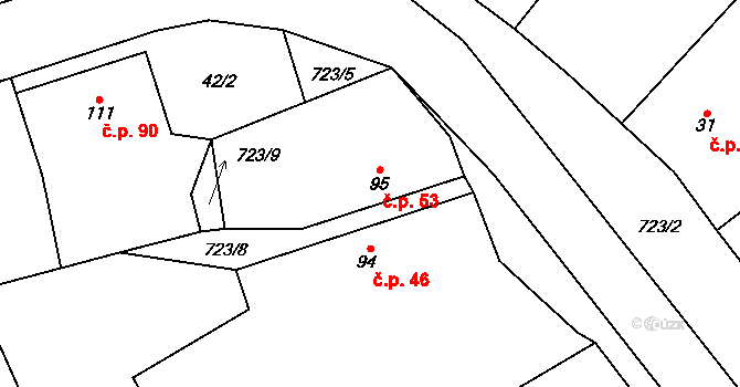 Střelice 53, Uničov na parcele st. 95 v KÚ Střelice u Litovle, Katastrální mapa