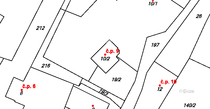 Chomutičky 9, Chomutice na parcele st. 10/2 v KÚ Chomutičky, Katastrální mapa