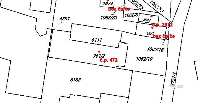 Rožnov pod Radhoštěm 472 na parcele st. 761/2 v KÚ Rožnov pod Radhoštěm, Katastrální mapa