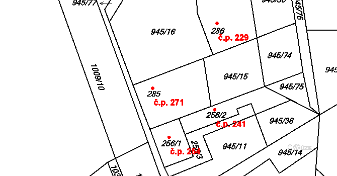 Smidary 271 na parcele st. 285 v KÚ Smidary, Katastrální mapa