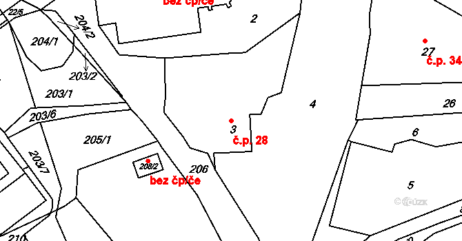 Mojžíř 28, Ústí nad Labem na parcele st. 3 v KÚ Mojžíř, Katastrální mapa