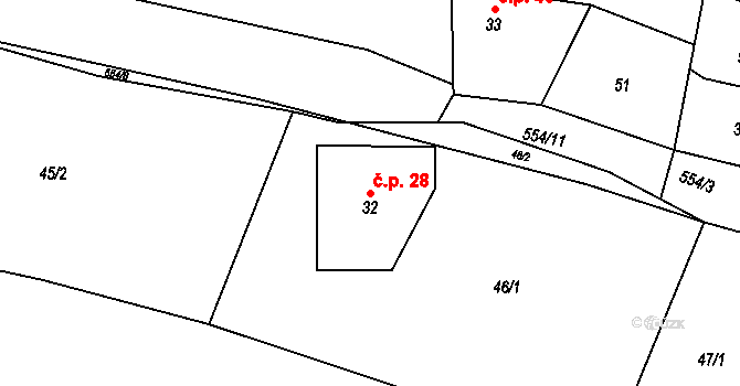 Mlýnický Dvůr 28, Červená Voda na parcele st. 32 v KÚ Mlýnický Dvůr, Katastrální mapa