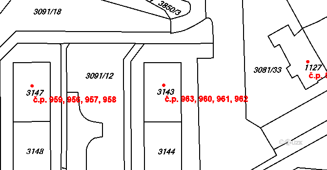 Žichlínské Předměstí 960,961,962,963, Lanškroun na parcele st. 3143 v KÚ Lanškroun, Katastrální mapa