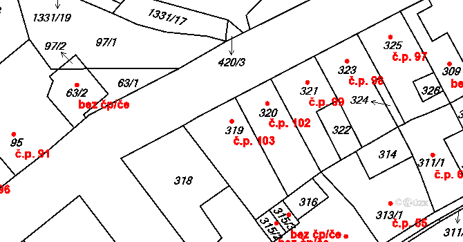 Proboštov 103 na parcele st. 319 v KÚ Proboštov u Teplic, Katastrální mapa
