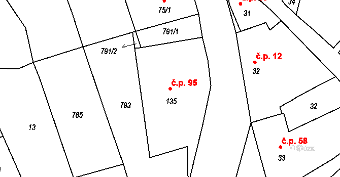 Příložany 95, Jaroměřice nad Rokytnou na parcele st. 135 v KÚ Příložany, Katastrální mapa