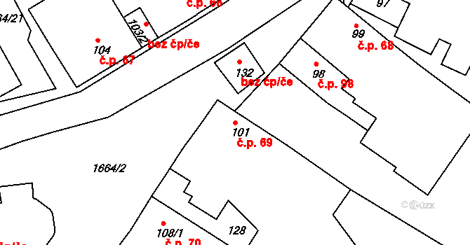 Měrunice 69 na parcele st. 101 v KÚ Měrunice, Katastrální mapa