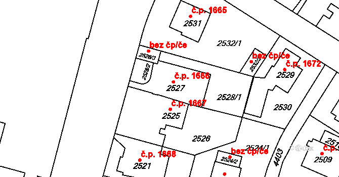 Teplice 1666 na parcele st. 2527 v KÚ Teplice, Katastrální mapa