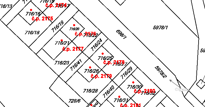 Frýdek 2178, Frýdek-Místek na parcele st. 716/25 v KÚ Frýdek, Katastrální mapa