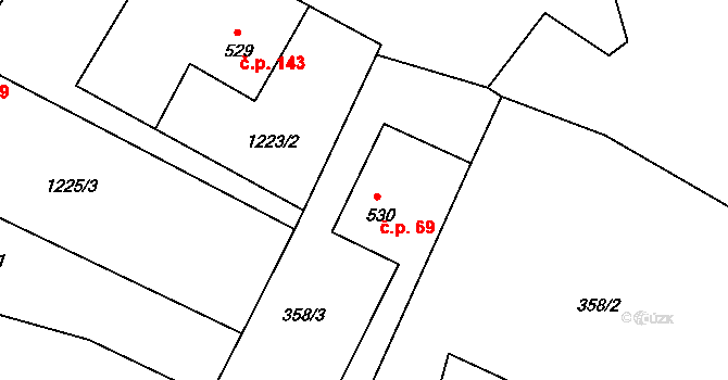 Vidče 69 na parcele st. 530 v KÚ Vidče, Katastrální mapa