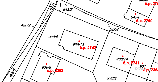 Smíchov 2742, Praha na parcele st. 930/13 v KÚ Smíchov, Katastrální mapa