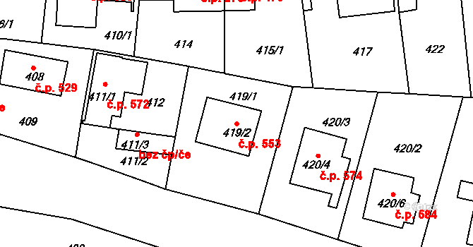 Malešice 553, Praha na parcele st. 419/2 v KÚ Malešice, Katastrální mapa