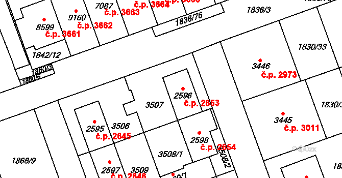 Hodonín 2653 na parcele st. 2596 v KÚ Hodonín, Katastrální mapa
