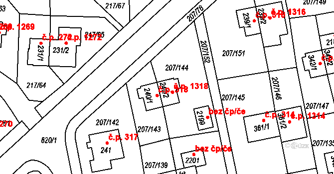 Sezimovo Ústí 318 na parcele st. 240/1 v KÚ Sezimovo Ústí, Katastrální mapa
