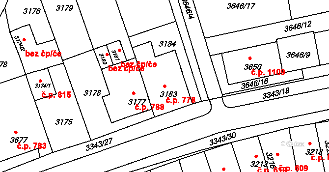 Jirkov 778 na parcele st. 3183 v KÚ Jirkov, Katastrální mapa