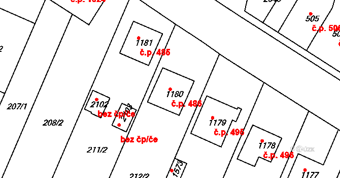 Rosice 486 na parcele st. 1180 v KÚ Rosice u Brna, Katastrální mapa
