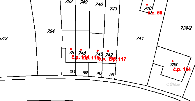 Řícmanice 116 na parcele st. 745 v KÚ Řícmanice, Katastrální mapa