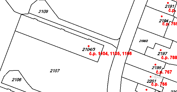 Kuřim 1104,1105,1106 na parcele st. 2104/3 v KÚ Kuřim, Katastrální mapa
