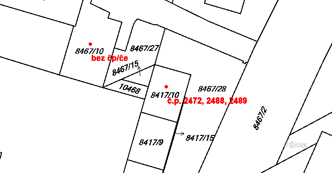 Jižní Předměstí 2472,2488,2489, Plzeň na parcele st. 8417/10 v KÚ Plzeň, Katastrální mapa