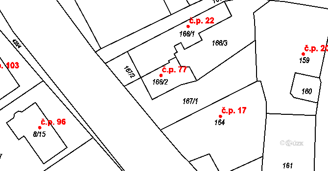 Halámky 77 na parcele st. 166/2 v KÚ Halámky, Katastrální mapa