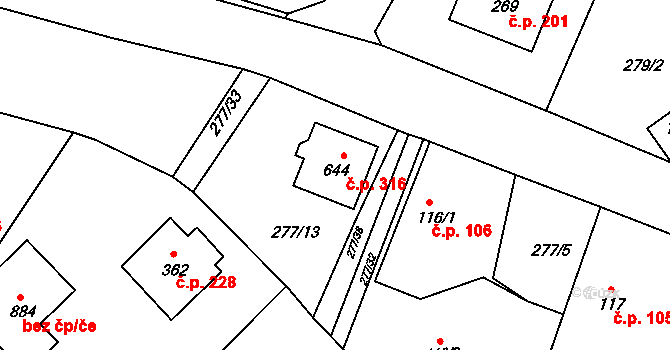 Losiná 316 na parcele st. 644 v KÚ Losiná u Plzně, Katastrální mapa
