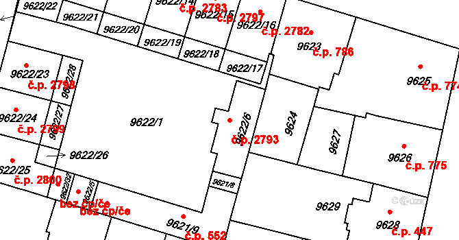 Jižní Předměstí 2793, Plzeň na parcele st. 9622/6 v KÚ Plzeň, Katastrální mapa