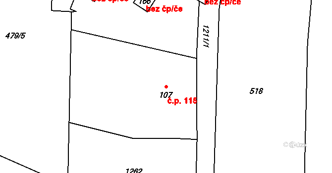 Chodovská Huť 115, Tři Sekery na parcele st. 107 v KÚ Chodovská Huť, Katastrální mapa