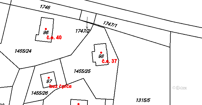 Šebanov 37, Hořice na Šumavě na parcele st. 98 v KÚ Šebanov, Katastrální mapa