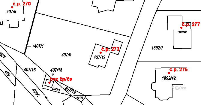 Horní Jasenka 273, Vsetín na parcele st. 407/12 v KÚ Jasenka, Katastrální mapa