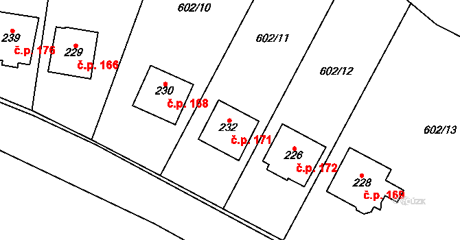 Kala 171, Třebotov na parcele st. 232 v KÚ Třebotov, Katastrální mapa