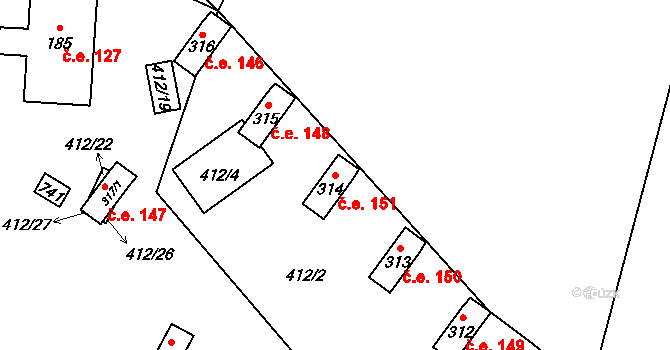 Hamr na Jezeře 151 na parcele st. 314 v KÚ Hamr na Jezeře, Katastrální mapa