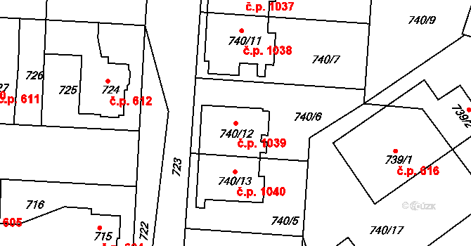 Jemnice 1039 na parcele st. 740/12 v KÚ Jemnice, Katastrální mapa
