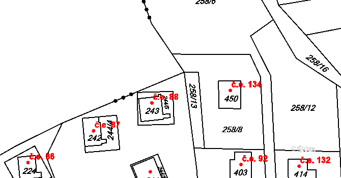 Dobronice u Bechyně 88 na parcele st. 243 v KÚ Dobronice u Bechyně, Katastrální mapa