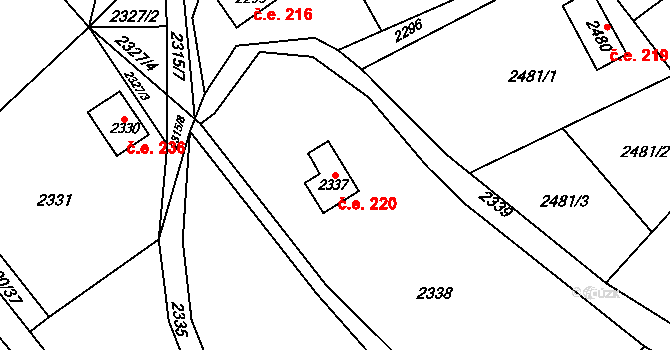 Buchlovice 220 na parcele st. 2337 v KÚ Buchlovice, Katastrální mapa