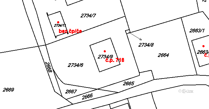 Jaktař 718, Opava na parcele st. 2734/9 v KÚ Jaktař, Katastrální mapa