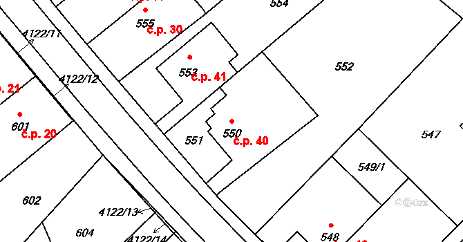 Plechy 40, Nový Malín na parcele st. 550 v KÚ Nový Malín, Katastrální mapa