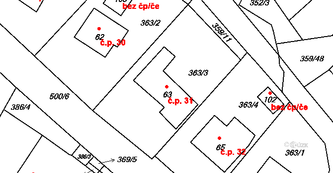 Bořice 31, Zahořany na parcele st. 63 v KÚ Bořice u Domažlic, Katastrální mapa